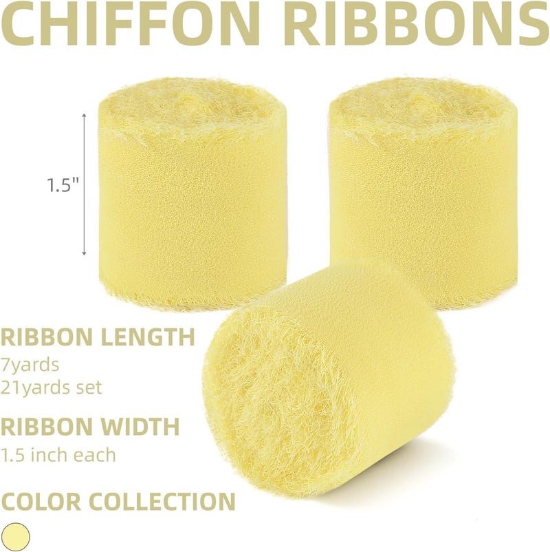 KEOSREE 3 Rolls Cream Yellow Handmade Chiffon Ribbon,1.5" x 21Yd Frayed Fringe Silk Ribbons (3 Rolls *7Yd) for Gifts Wrapping, Wedding Invitations, Bridal Bouquets, Decoration - Image 2
